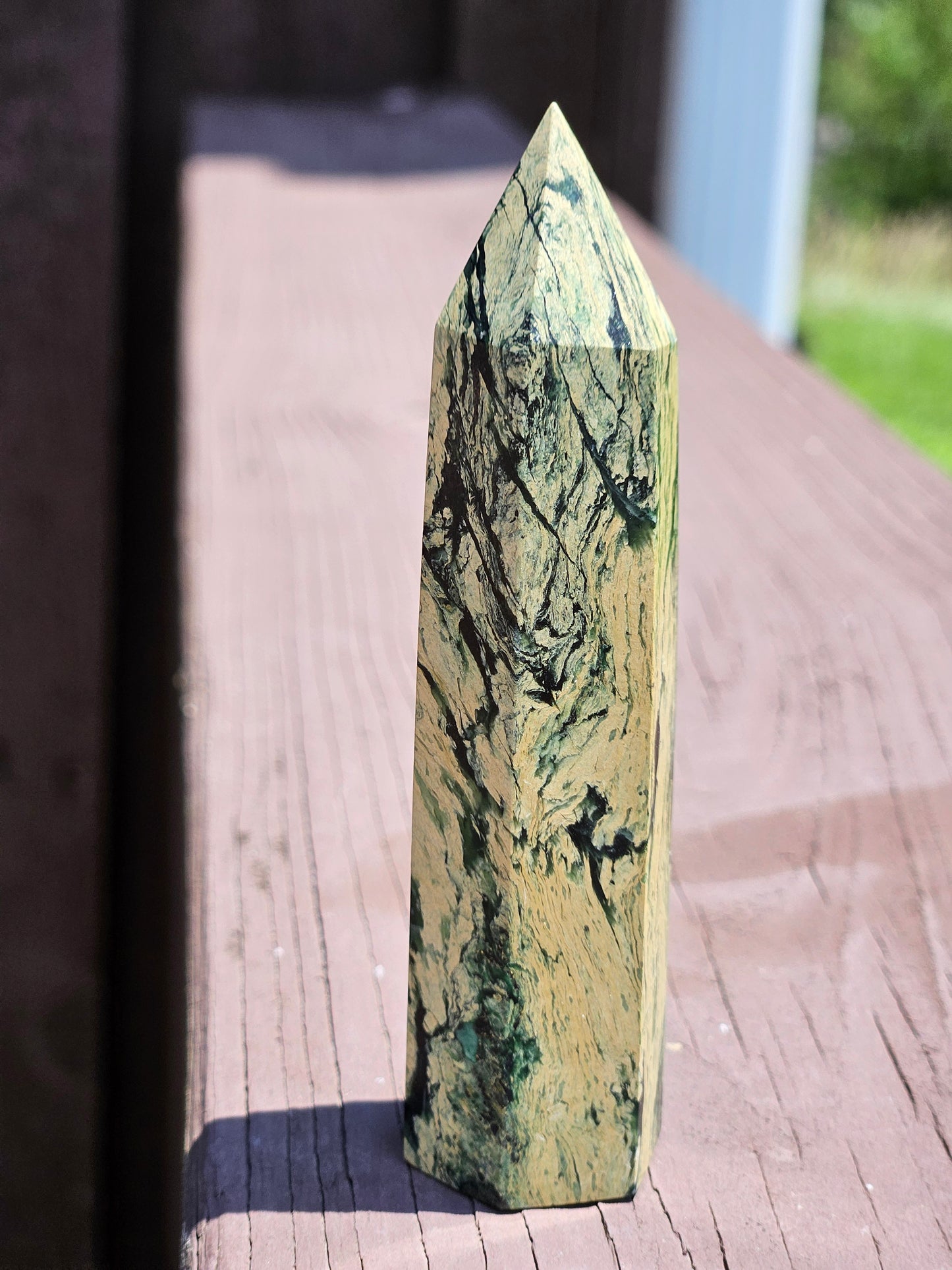 Yellow Unakite Jasper with Chrysoprase Tower