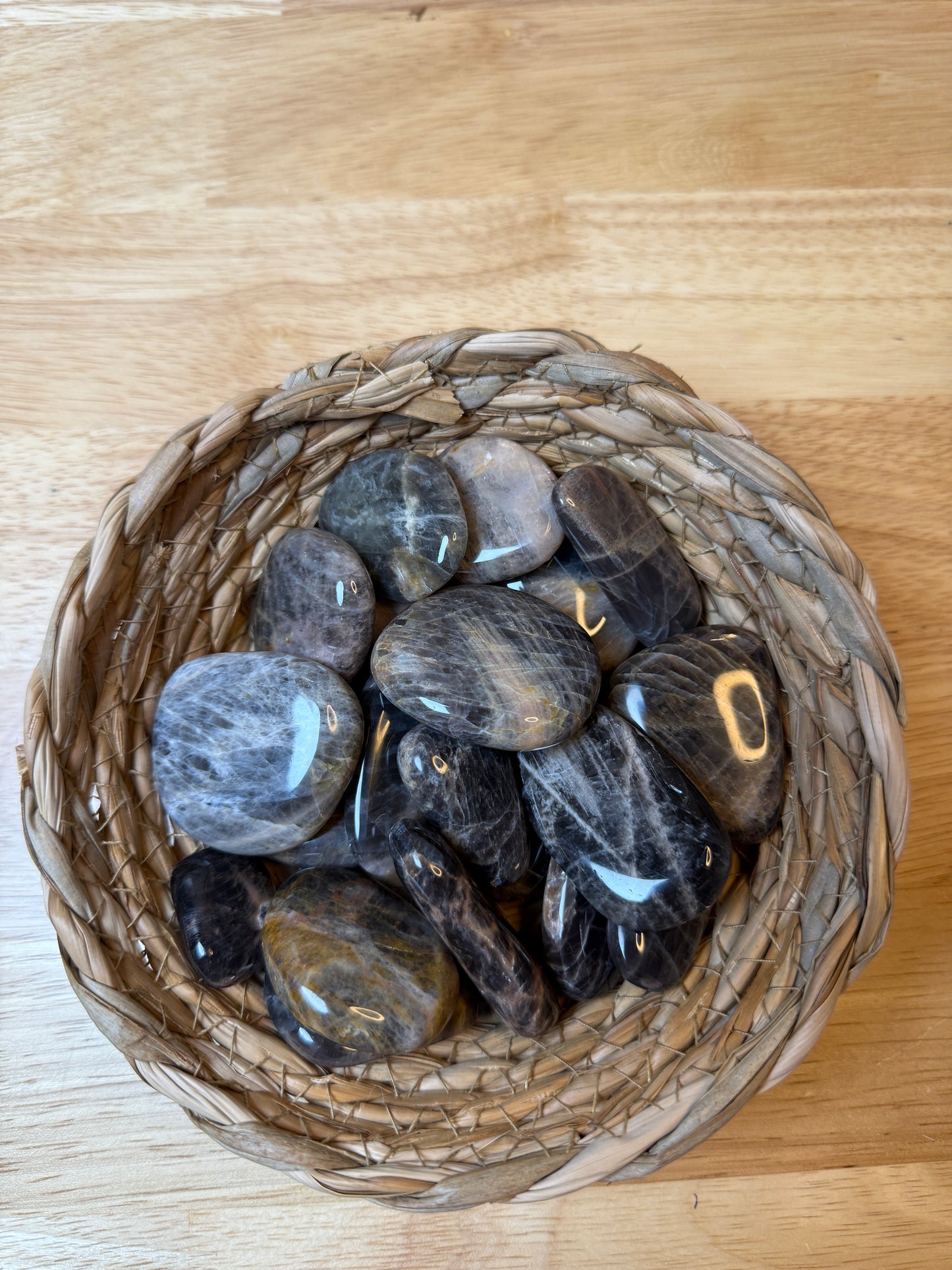 Black Moonstone Flat Mini Palm Stone