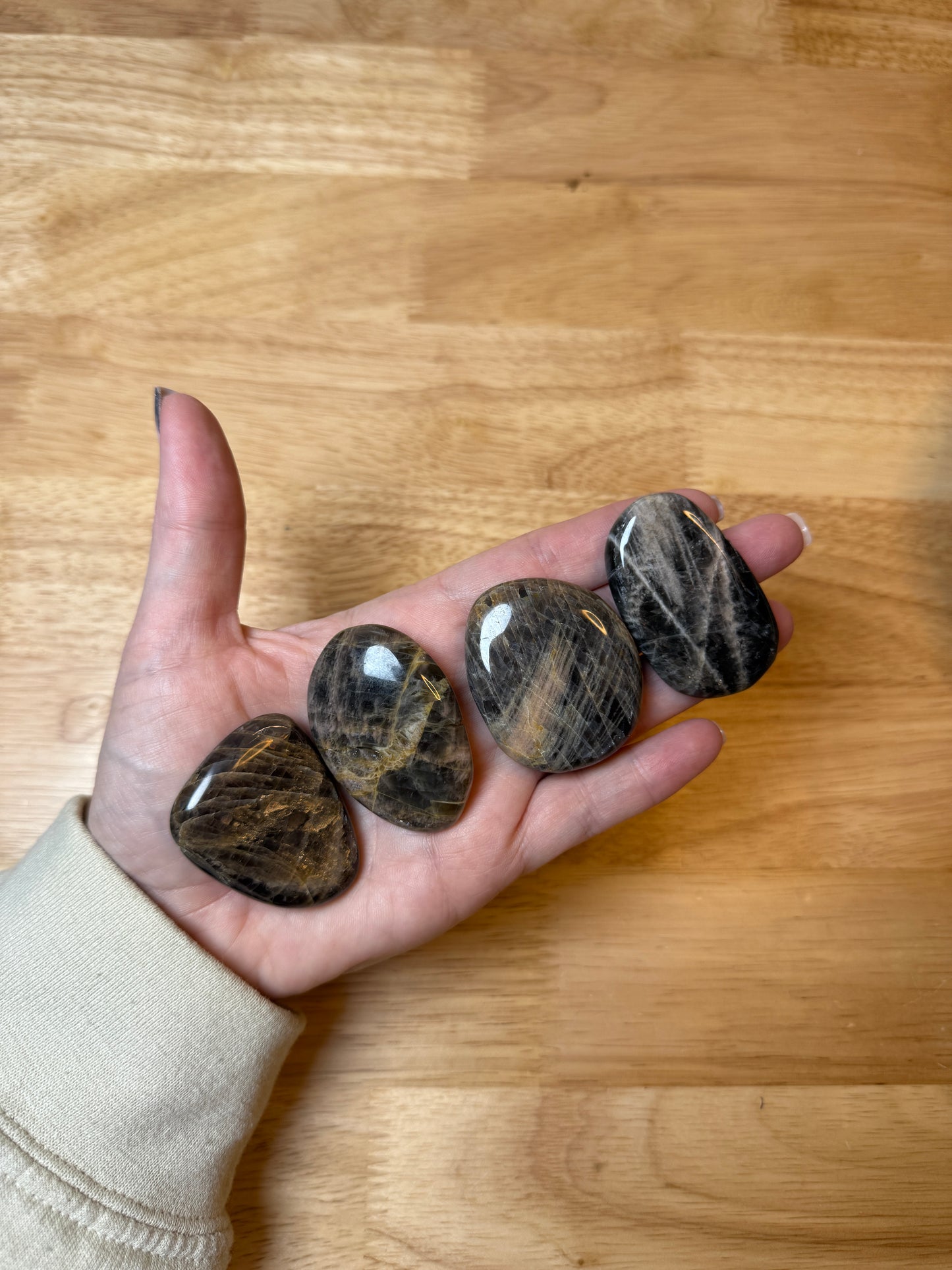 Black Moonstone Flat Mini Palm Stone