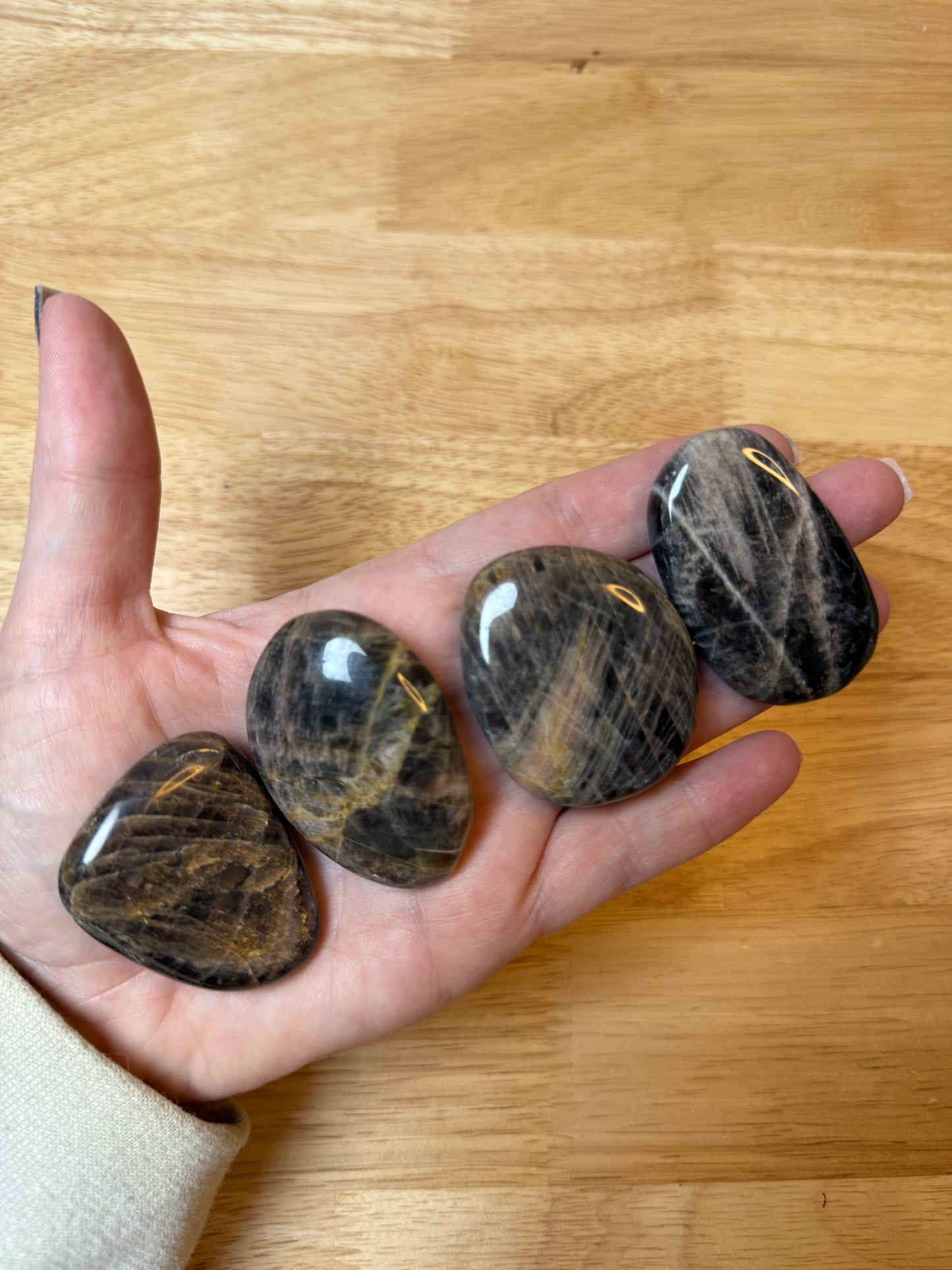Black Moonstone Flat Mini Palm Stone